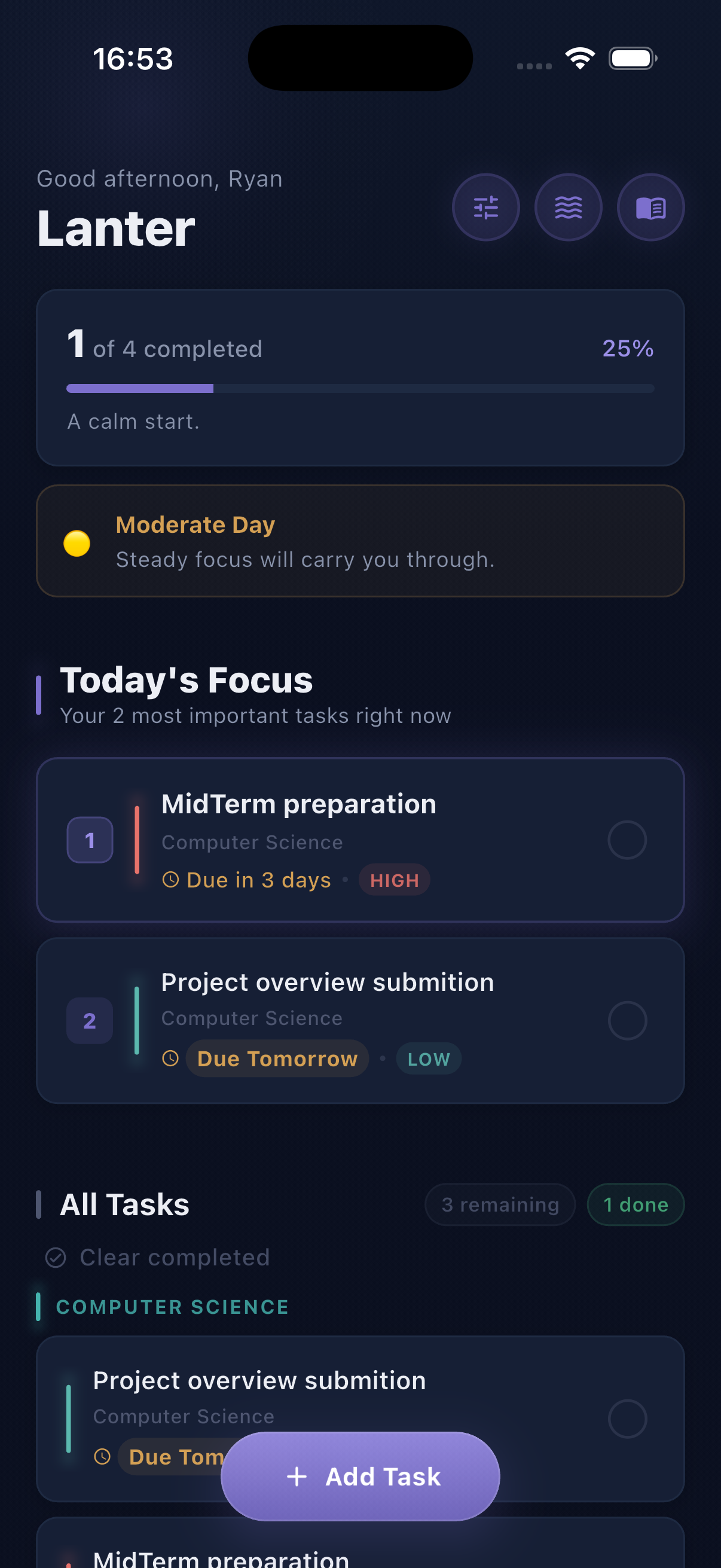 Lanter's Today screen, showing the most important tasks first