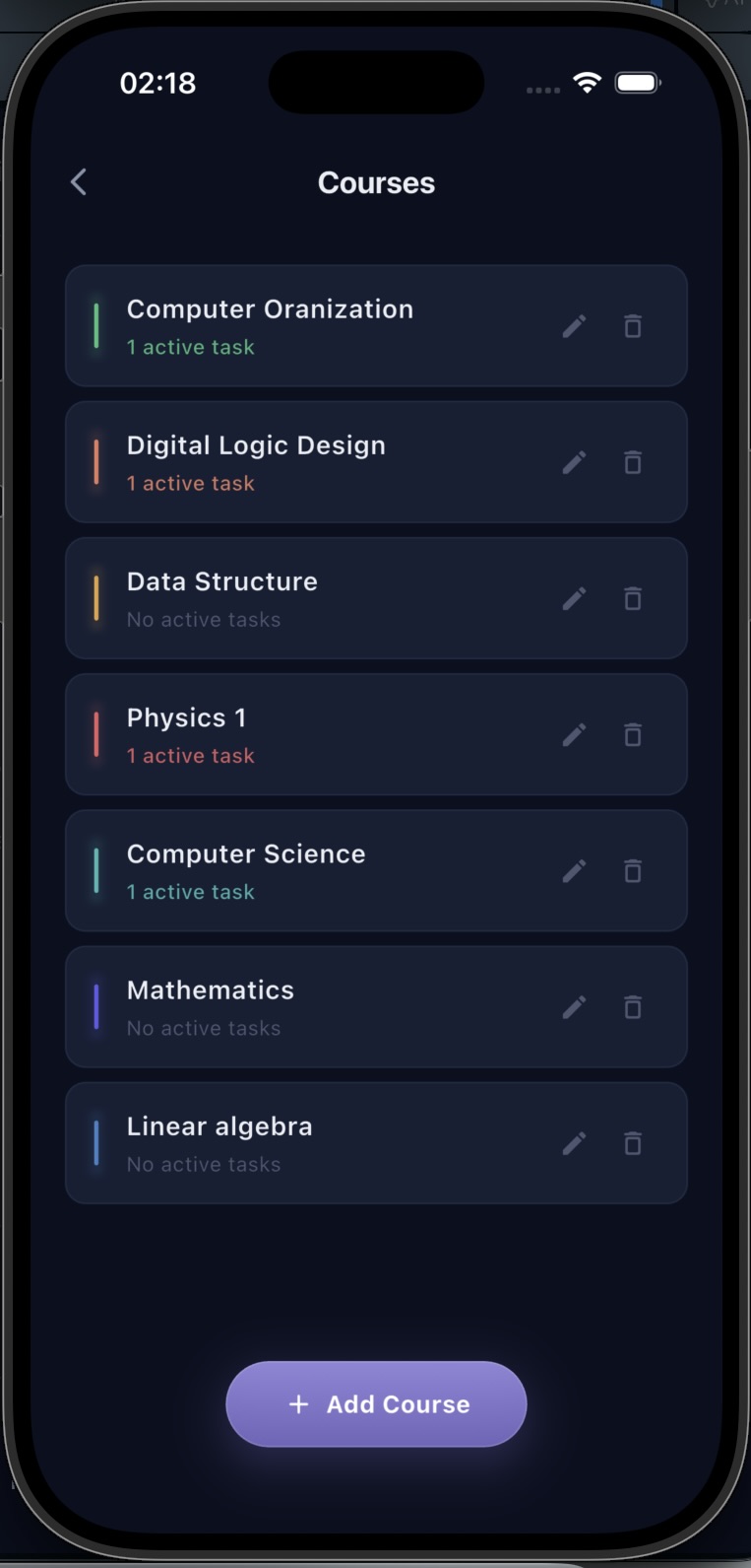 Lanter Courses screen, listing courses and their active tasks