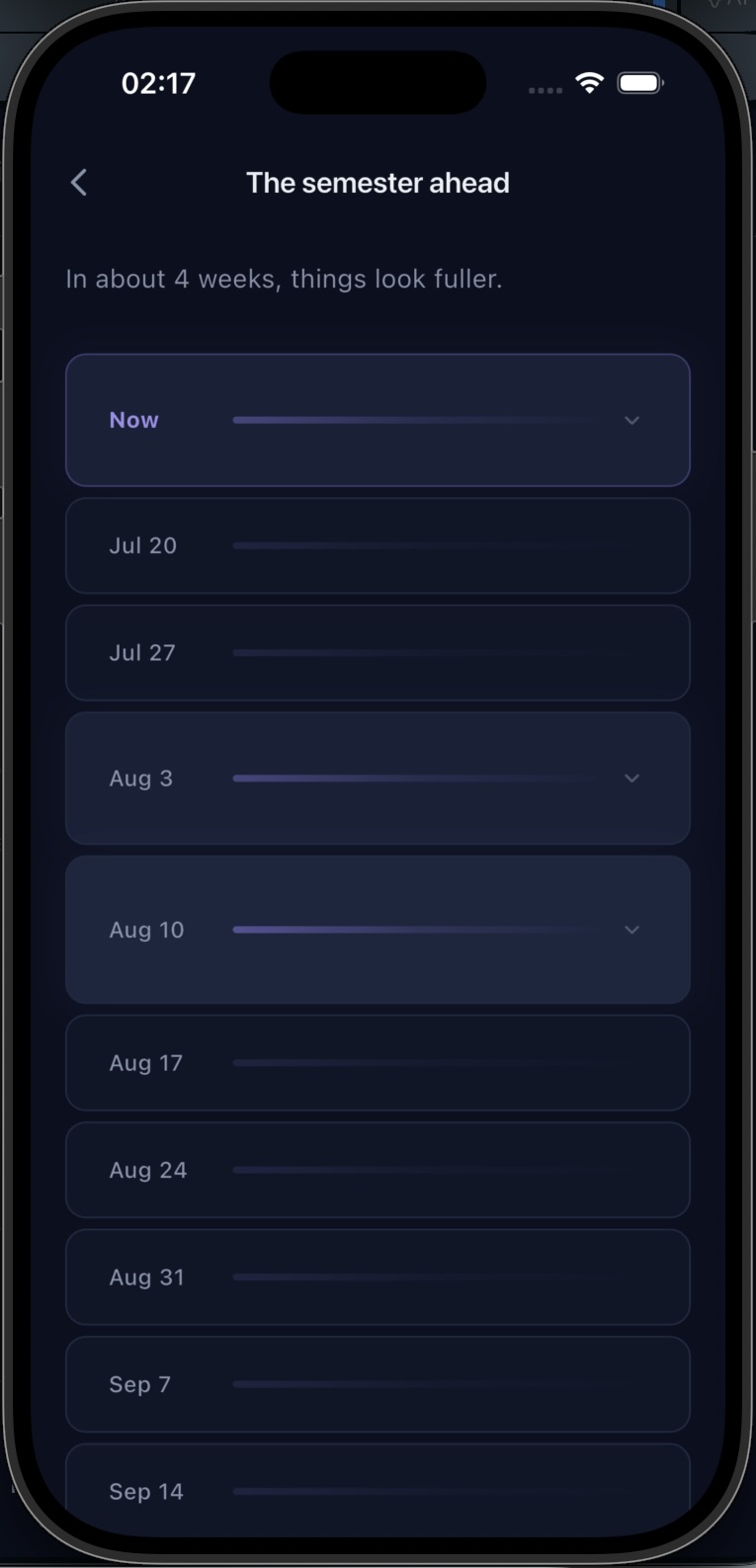 Lanter Semester Timeline screen, showing the weeks ahead