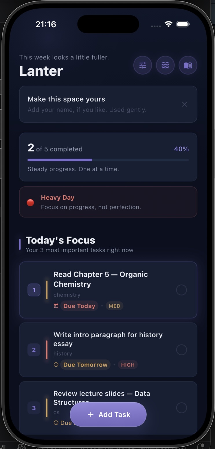 Lanter Today's Focus screen, showing the most important tasks for the day